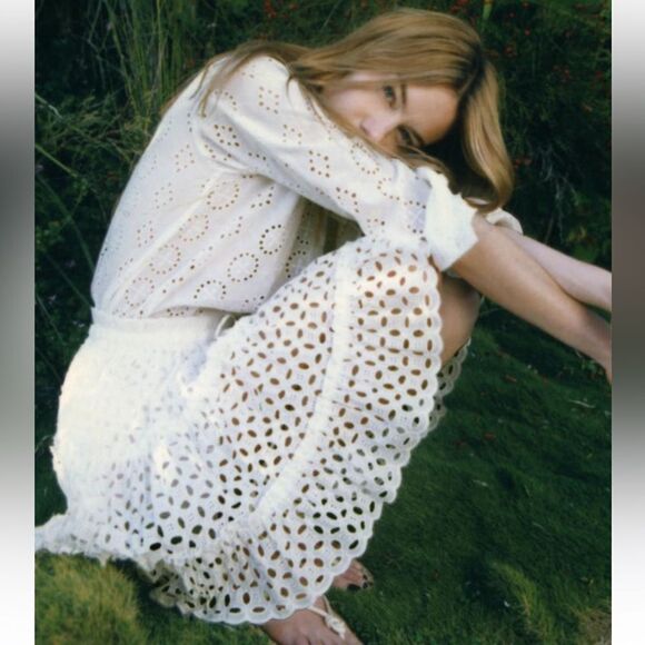 Zara white openwork embroidered ruffle mini skirt - Picture 3 of 9